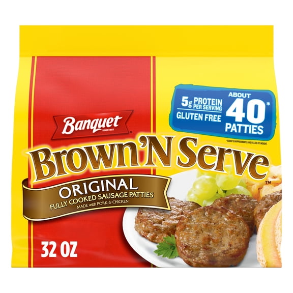 Banquet Brown'N Serve Original Fully Cooked Sausage Patties, 5g Protein per Serving, Frozen Breakfast Sausage, 32 oz.