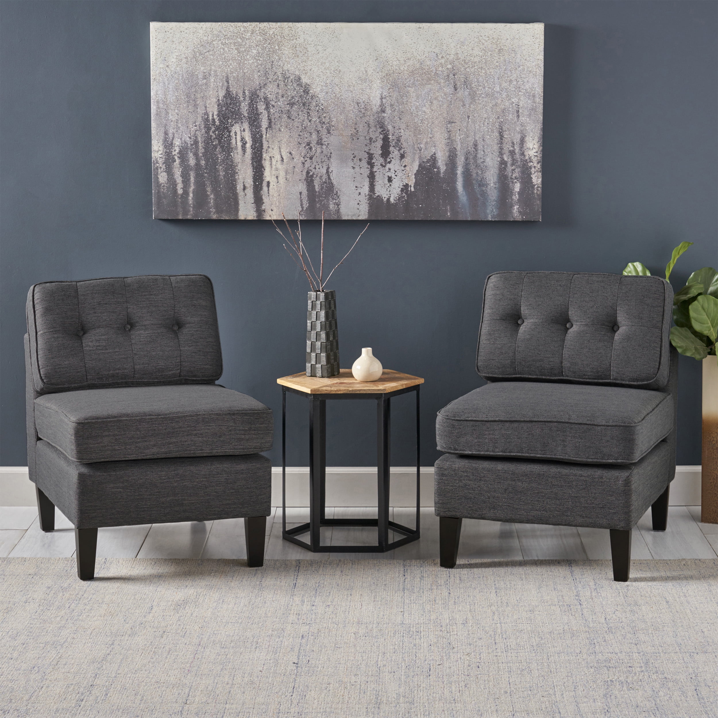 Noble House Crowningshield Fabric Slipper Chairs With Button Accents Set Of 2 Charcoal And Dark Brown Walmart Com Walmart Com