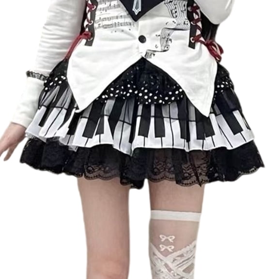 Aellinatey Black White Piano Pattern Flared Skirt Breathable Fabric For Work or Party