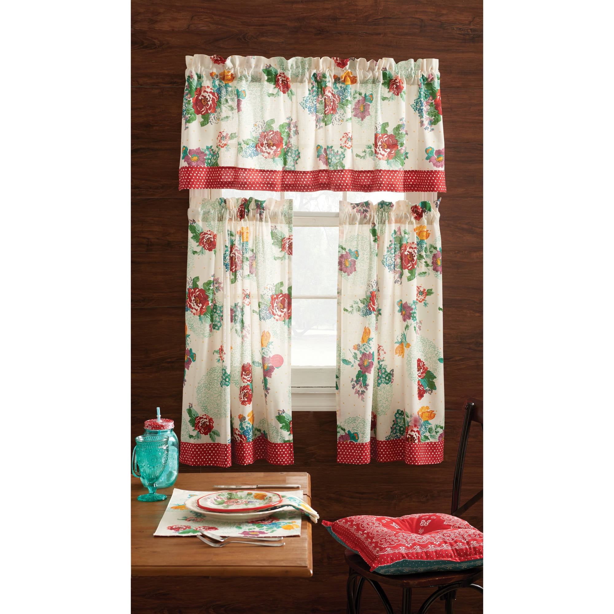 The Pioneer Woman Country Garden 3 Piece Kitchen Curtain Tier And Valance Set Walmartcom Walmartcom