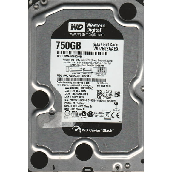 WD7502AAEX-00Y9A0, DCM HARNNTJCAB, Western Digital 750GB SATA 3.5 Hard Drive