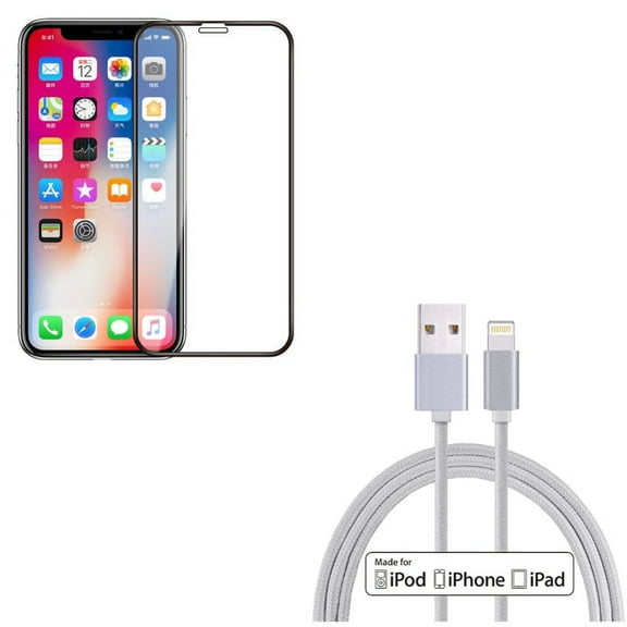 iPhone XS/X - 6ft MFi USB Cable w Tempered Glass Screen Protector - Certified Charger Cord Power Wire Braided Long, 5D Touch Curved Edge Full Cover Bubble Free Case Friendly 9H Hardness