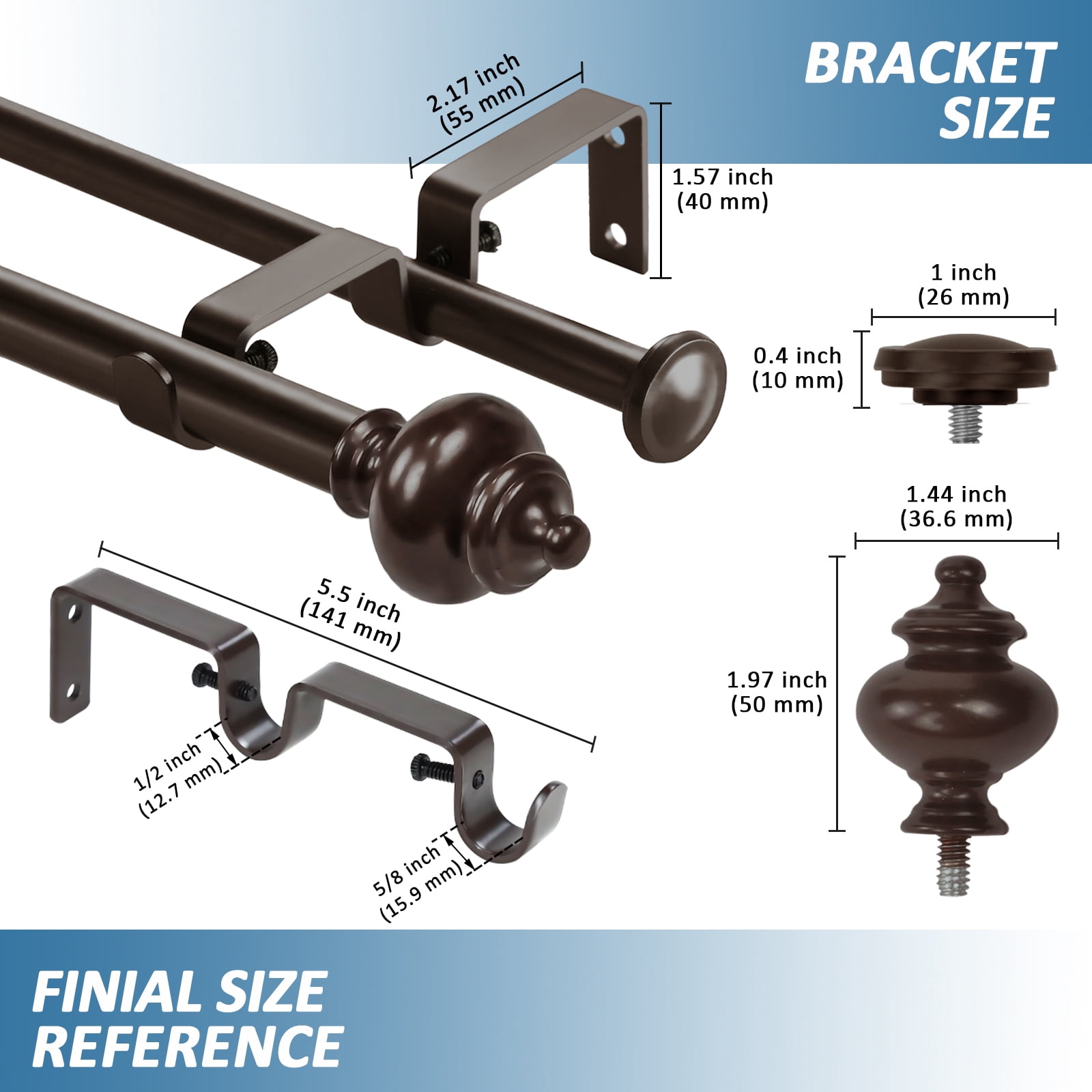 Urbanest Adjustable Double Curtain Rod Set Metal with Decorative Round Urn Finials, Heavy-Duty, 48"-84", Oil-rubbed Bronze (ORB)