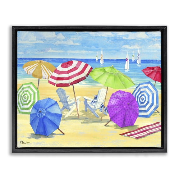 Stupell Industries Tropical Umbrella Coast Vibrant Beach Landscape Black Floating Frame Canvas Art, 31 x 25, by Paul Brent