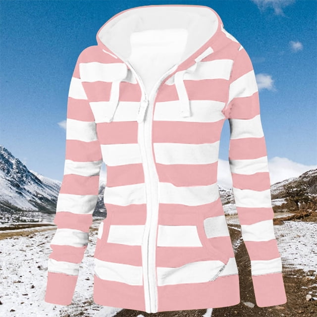 WRKEKC Cardigan à Capuche à Imprimé Rayé, Fermeture Éclair devant, Poches Kangourou, Style de Rue, Confort, Tailles Plus, Rose G