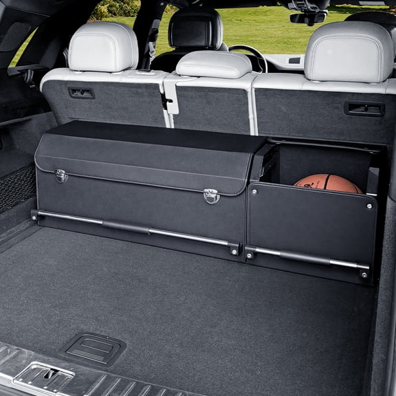 XCF Car Trunk Organizer, Leather Trunk Organizer for SUV with Lid and Sturdy Handle Collapsible Adjustable Storage (Black, 41.6 x 11.4 x 12.2in)