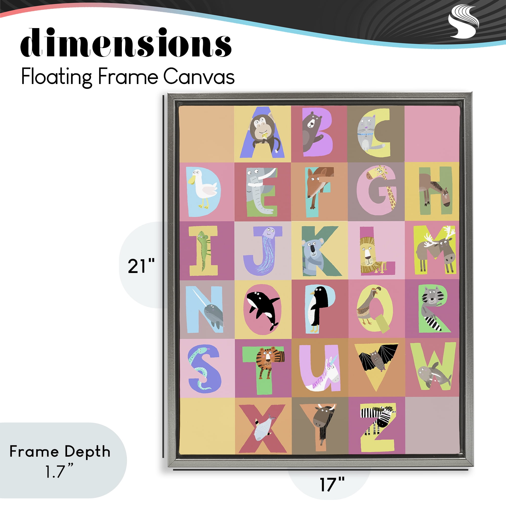 Stupell Industries Animal Alphabet in Pink Gray Framed Floater Canvas Wall Art, design by Carla Daly