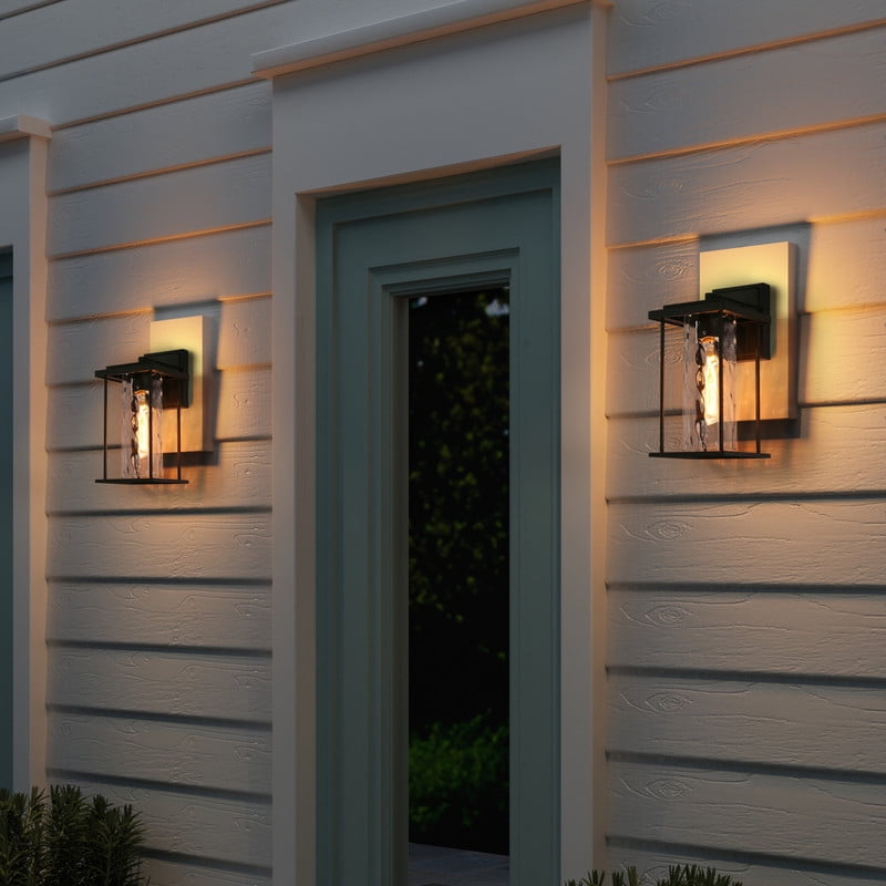LNC Matte Black Outdoor Wall Light with Water Ripple Glass