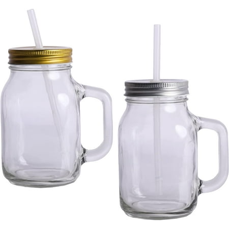 

Glass Drinking Jar 20Oz/600Ml With Gold/Silver Lids & Straw - Set Of 2