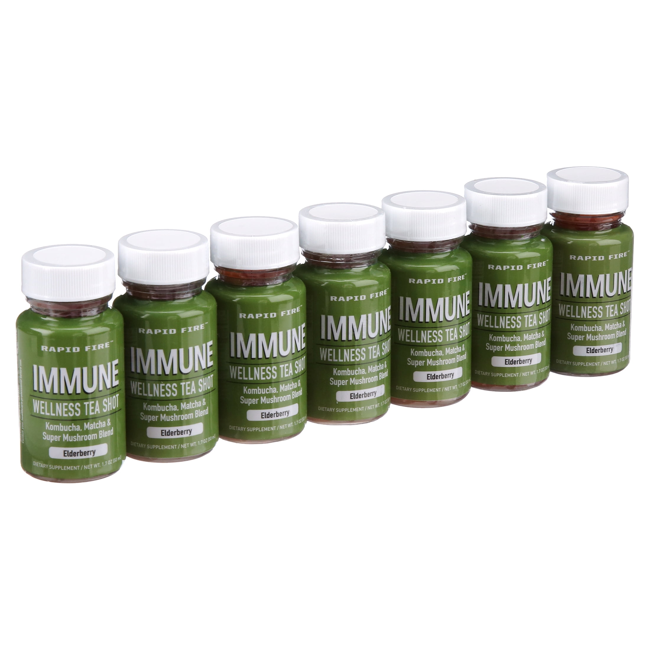 Rapid Fire Immune Wellness Tea Shot, Kombucha, Matcha, Super Mushroom Blend, Elderberry flavor, 1.7 oz. (7 Count)