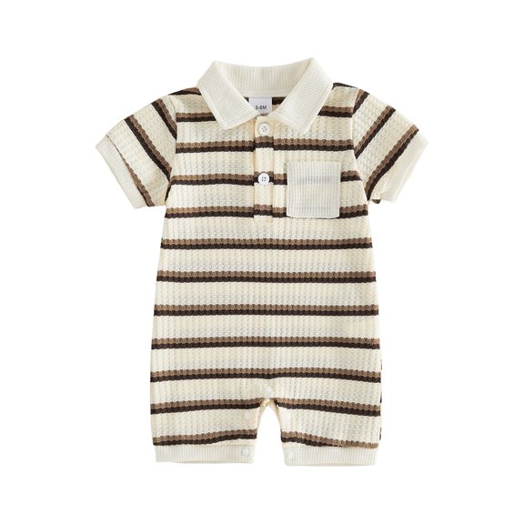 BemeyourBBs Newborn Baby Boy Summer Clothes Outfit Striped Waffled Knit Romper Cute Short Sleeve Collared Button-up Chest Pocket Jumpsuit Bodysuit 0 3 6 9 12 18 Months