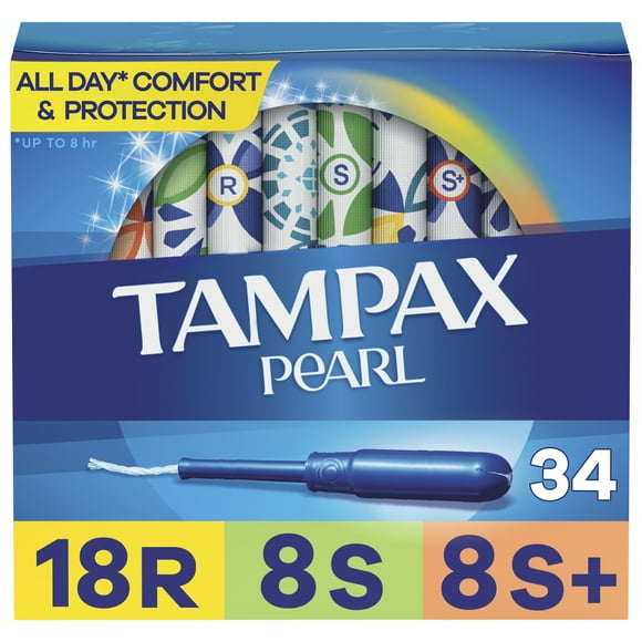 Tampax Pearl Tampons Trio Multipack with LeakGuard Braid, Regular/Super/Super Plus Absorbency, 34 Ct