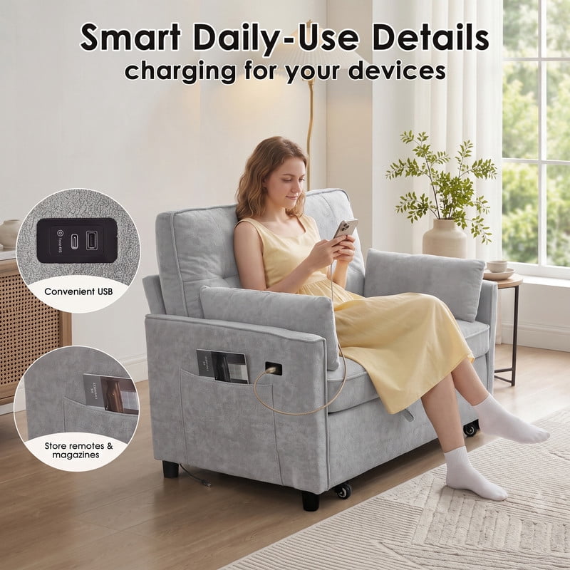 Anpport 54" 3‑in‑1 Convertible Sofa Bed, Towel Fabric, 3‑Position Adjustable Backrest with USB Charging Ports, for Living Room, Apartment, Medium Gray