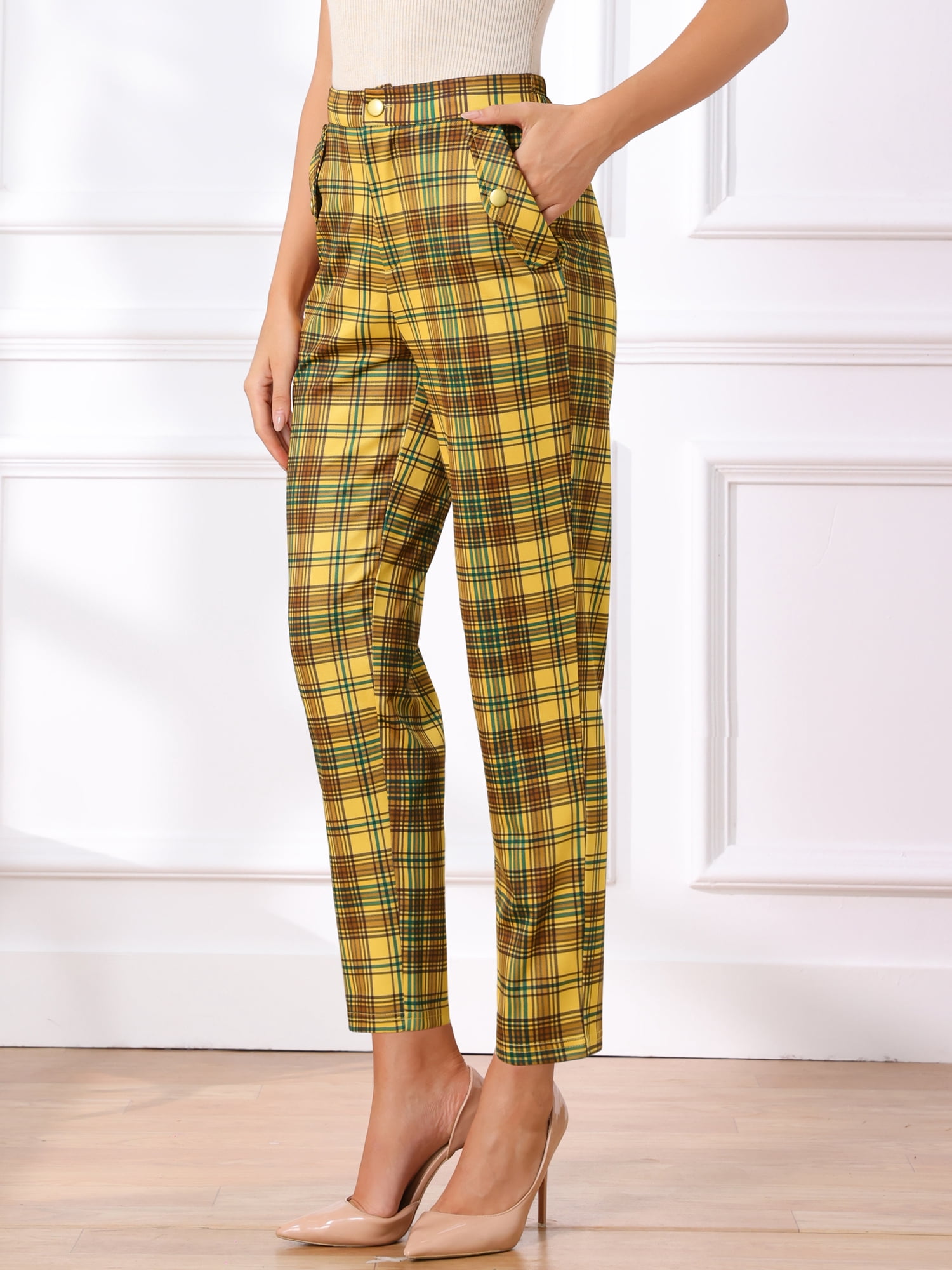 DARING DIVA Women's Tartan Plaid Pants Elastic Waist Straight Long Trousers S Yellow
