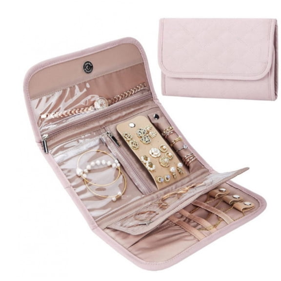 Travel Jewelry Case Organizer, Medium Foldable Storage Roll for Earrings, Necklaces, Rings, Bracelets, Brooches, pink（Excluding jewelry）