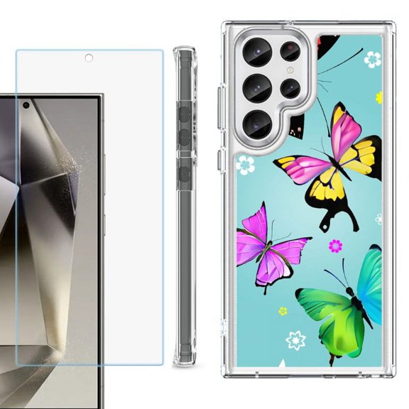 OneToughShield ® Case Compatible with Samsung Galaxy S24 Ultra, Shockproof Bumper Phone Case, with Tempered Glass Screen Protector - Butterfly