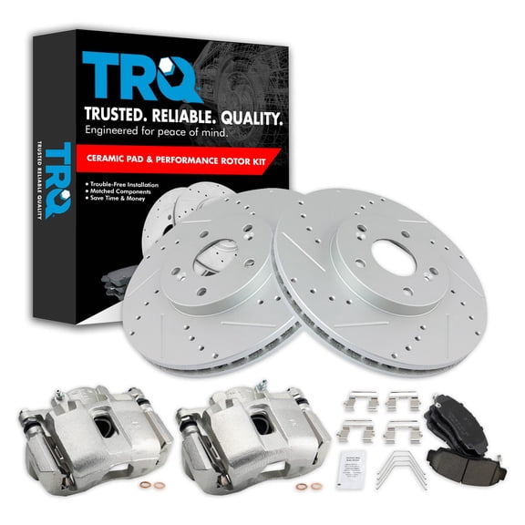 TRQ Front Performance Brake Pad & Rotor Kit Brake Caliper Brake Pads Brake Rotors Set Ceramic Vented Premium G-Coated Fits Select 2011-2014 Acura TSX 2011-2012 Honda Accord