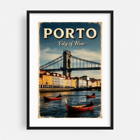 Porto Vintage Travel Poster – The Charm of Portugal - Porto Porto District Portugal Illustration Travel Poster Vintage Poster Cityscape Bridge Boat Harbor Black Framed Wall Art Print 24 x 36 inches