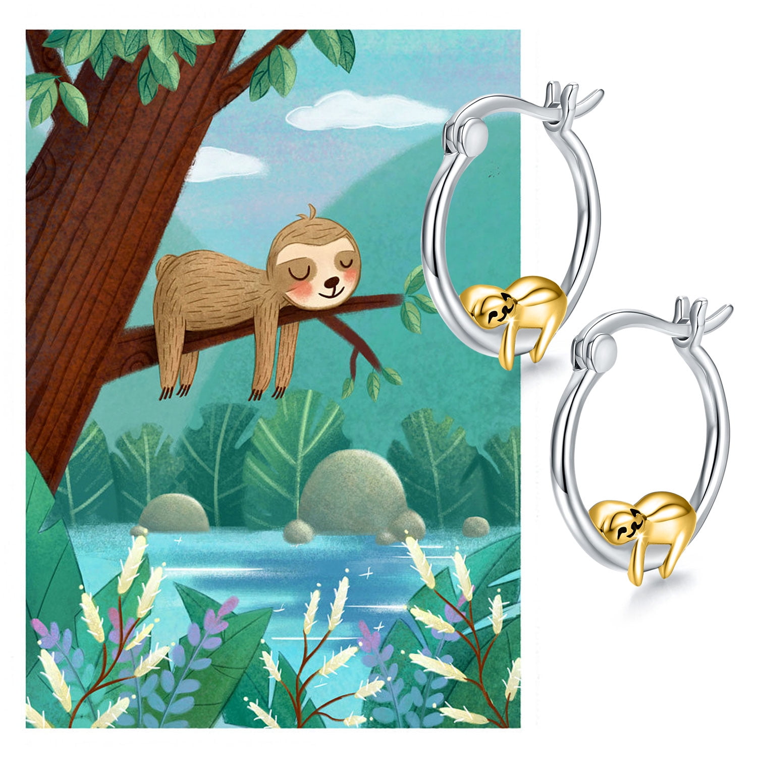 Coachuhhar Sloth Hoop Earrings, Sterling Silver, (Includes Gift Box and Silver Clean Cloth), 0.63 in