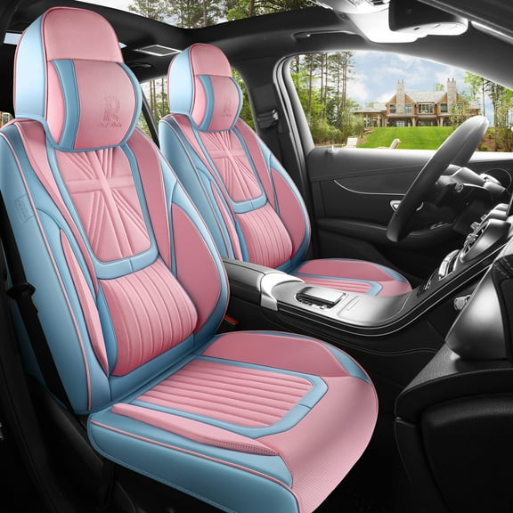 Pink and Blue Leather Seat Cover Universal Seat Covers for Cars Full Coverage 2024 New Auto Seat Protector with Head Pillows and Lumbar Support for 5 Seater