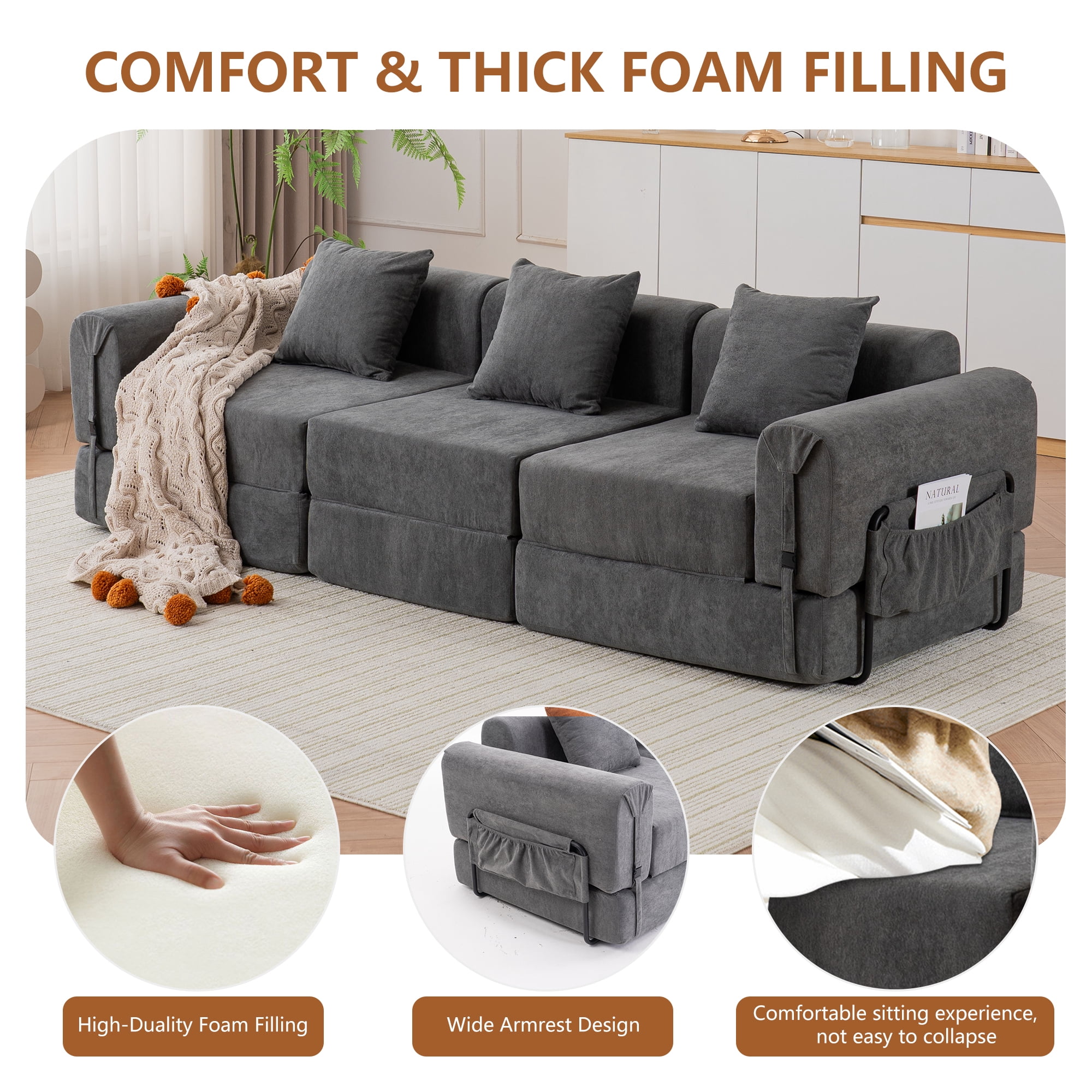 GNIXUU 98.81" Modern Modular Recliner Sofa, Convertible Sleeper Bed,Folding Mattress 3 Seater Couch with Fixed-Shape Frame ,Comfy Lazy Boneless Couches for Living Room Bedroom Lounge,Gray