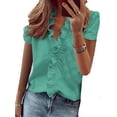 thumbnail image 1 of T-Shirt à Manches Courtes à Volants Col en V pour Femmes, Blouse Basique Décontractée, Mode Été, Ample, 1 of 2