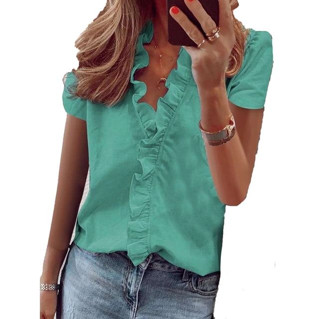 T-Shirt à Manches Courtes à Volants Col en V pour Femmes, Blouse Basique Décontractée, Mode Été, Ample