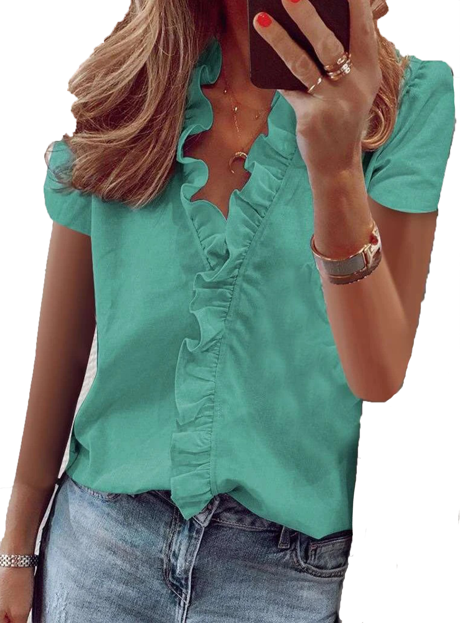 S.CHARMA Womens Short Sleeve High Low Hem Tunic Tops Loose Round Neck Button Up Blouses Shirts