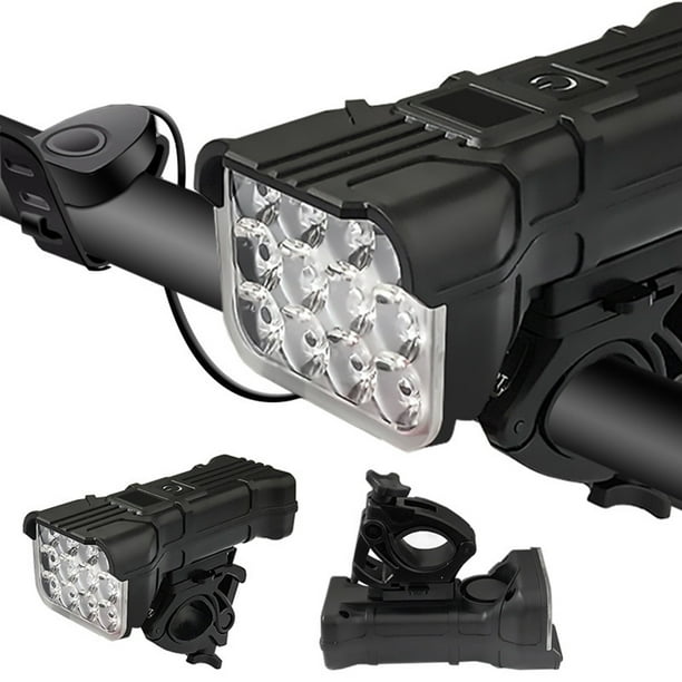 Linterna frontal LED de alta luminosidad | Luz de bicicleta recargable por USB | 5 modos | Larga duración de batería | Pantalla digital | Bocina | Banco de energía para emergencias | Resistente al
