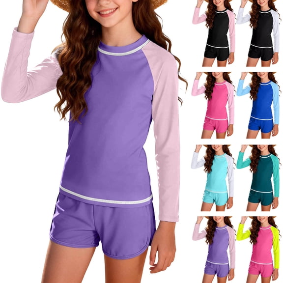 HAOTAGS Girls Swimsuit 10-12,Sun Protection Elastic Waist Long Sleeve Rash Guard Two Piece Bathing Suit Purple