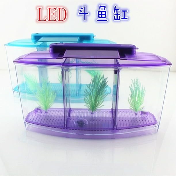 Volkmi Mini fish tank small aquarium acrylic fighting fish box fighting fish  tank isolation cage two grid three grid with LED three fighting fish blue 