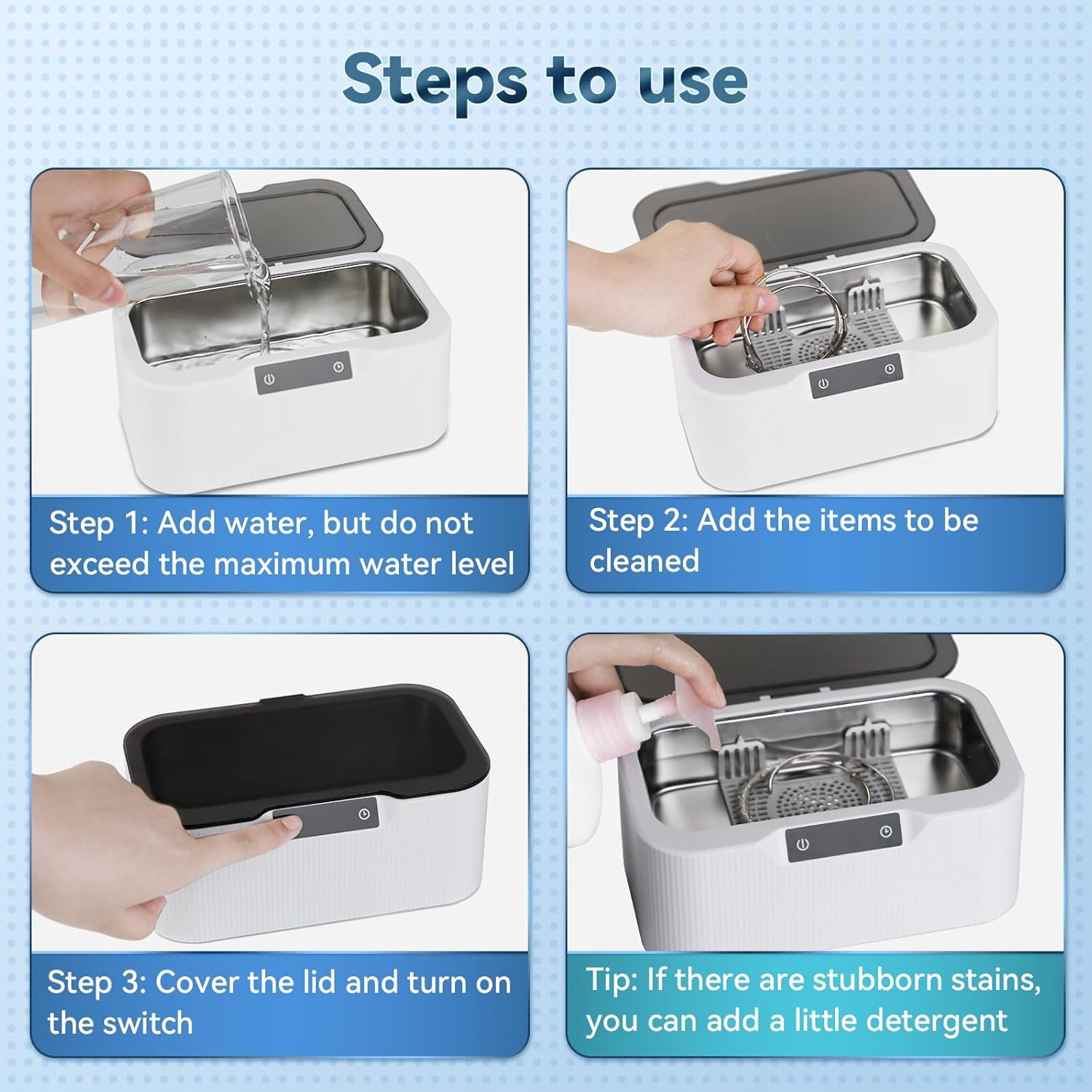 Behome Ultrasonic Jewelry Cleaner, 17oz 47KHz Professional Jewelry Cleaner, 3 Modes with Digital Timer, Portable Ultrasonic Cleaner for Jewelry, Eyeglasses, Rings, Watch Strap, White