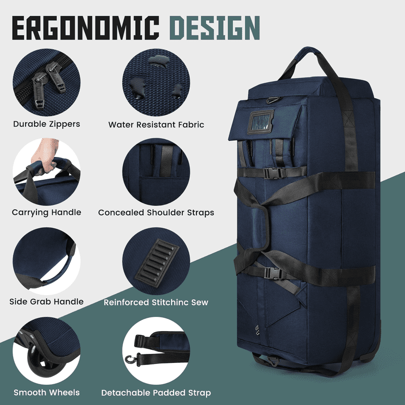 CshidWorld 34-Inch Foldable Rolling Duffle Bag, 90L Water-Resistant Multi-Use Travel Bag with Wheels, Shoulder Straps & Hidden Backpack Straps for Travel, Weekend, Camping, Gym, Blue