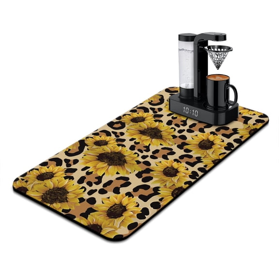 Washable Rubber Sunflower Cute Floral Dish Drying Mats for Kitchen Counter Home Large Coffee Bar Pad Accessories and Decor for Utensils Stemware 17''x31.5''