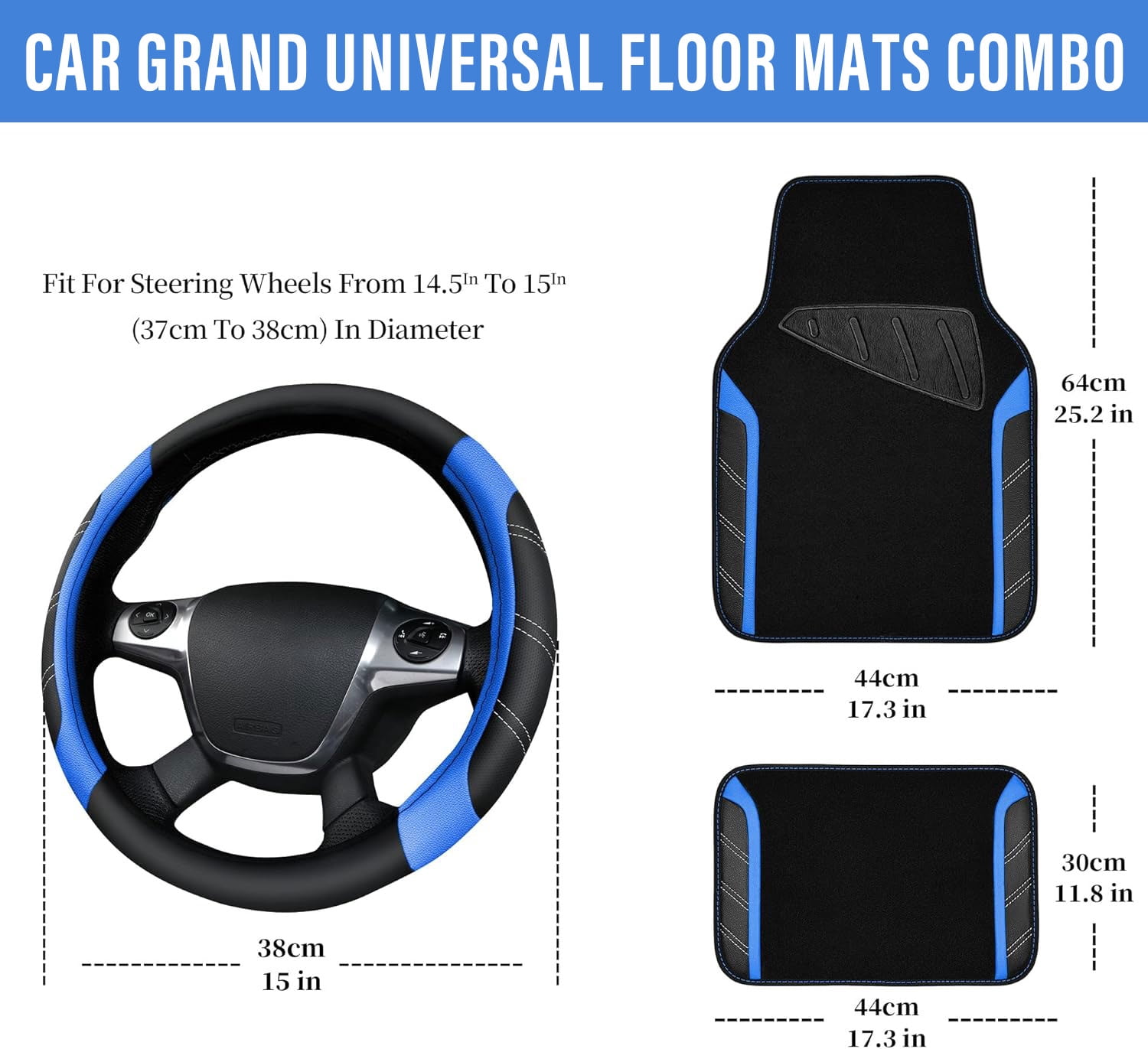CAR GRAND Leather Steering Wheel Cover and Waterproof Car Floor Mats,Microfiber Universal Car Combo Fit for 95% Sedan,SUV,Cars,14.5-15inch Sporty Anti-Slip Safety Comfortable Design(Black＆Blue)