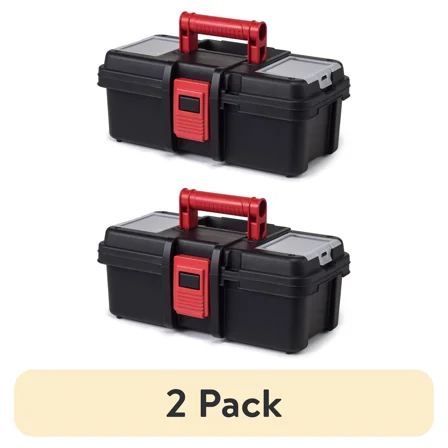 (2 Pack) 13-Inch Tool Box, Plastic Tool And Hardware Storage, Black