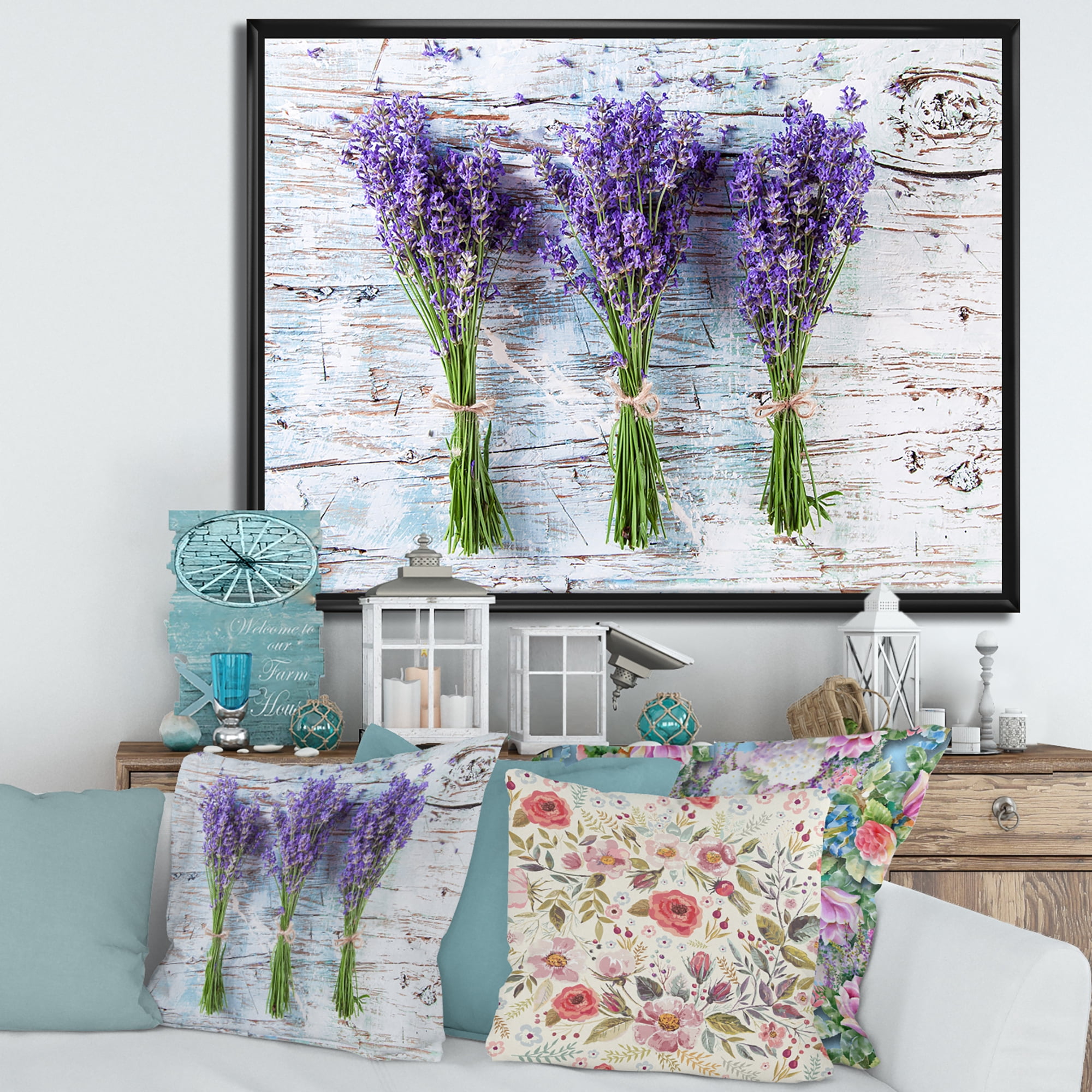 Designart 'Fresh Lavender Bouquets On Wood' Farmhouse Framed Canvas Wall Art Print