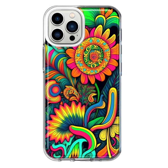 MUNDAZE Apple iPhone 12 Pro Shockproof Clear Hybrid Protective Phone Case Neon Psychedelic Indie Hippie Sunflowers Cover