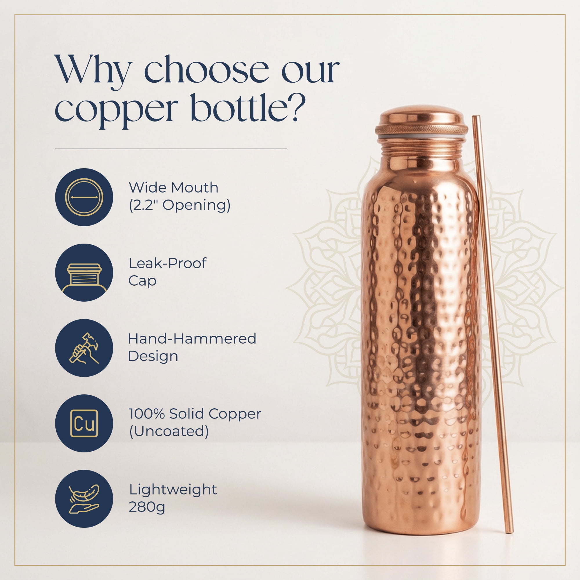 INANOSA 34 oz (1 L) Copper Water Bottle – Pure Copper Metal Bottle with Leakproof Lid – Hammered Finish, Reusable Eco Friendly Bottle for Home, Gym, Office & Travel
