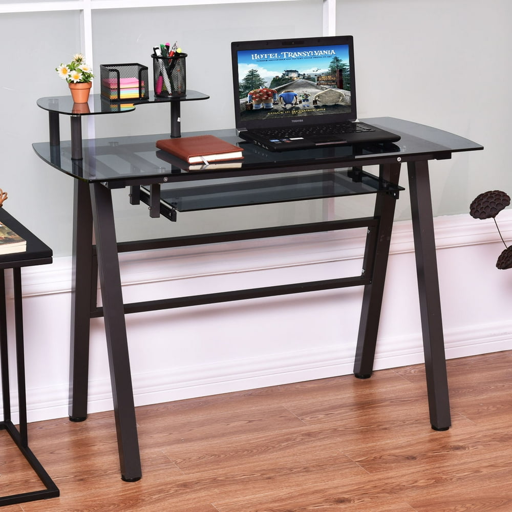 Glass Top Computer Desk PC Laptop Table Workstation Metal Frame w