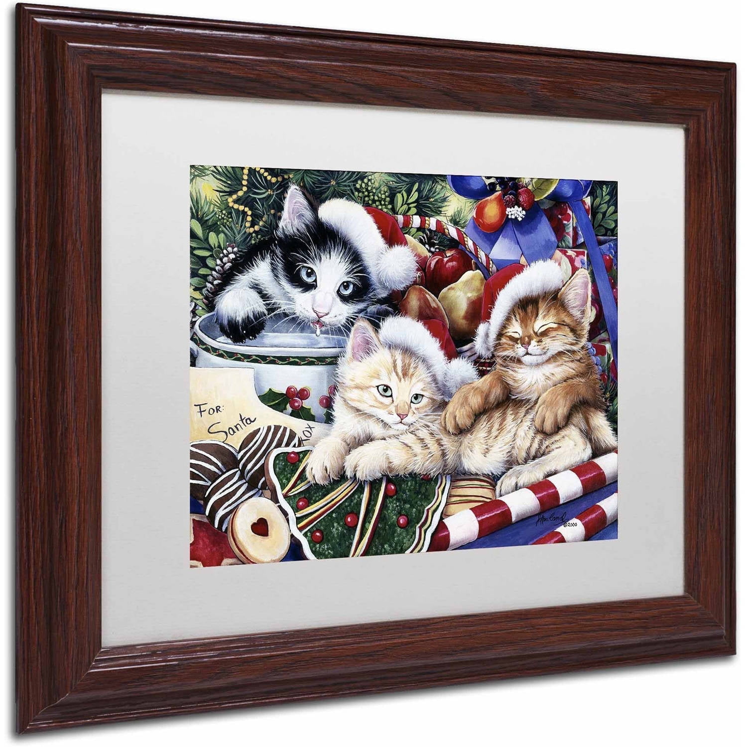 Trademark Fine Art 'Meowy Christmas 2' Canvas Art by Jenny Newland, White Matte, Wood Frame
