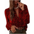thumbnail image 3 of Womens Button Down Shirt Long Sleeve V-Neck Blouse Business Work Tops Dressy Casual Floral Printed Tops Red Flower XL, 3 of 9