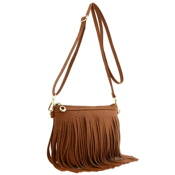 Small Fringe Crossbody Bag with Wrist Strap (Tan)
