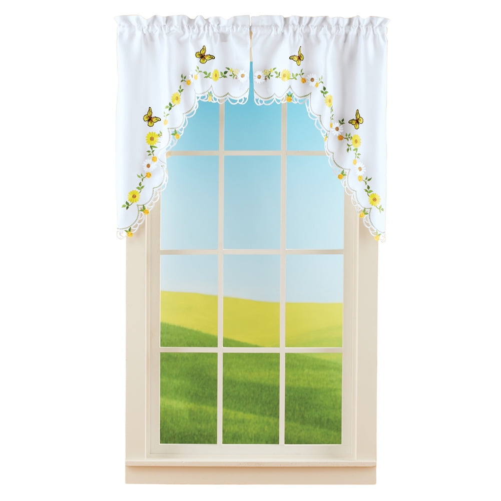 Beautiful Flower and Butterfly Embroidery Braid Sheer Curtain White Clearance 