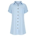 thumbnail image 3 of HAPIMO Women's Trendy Loose Long Tops Dressy Shirts Dress Summer Solid Color Short Sleeve Lapel Button Pullover Elegant Casual Blouses for Teen Girls Light Blue L, 3 of 5