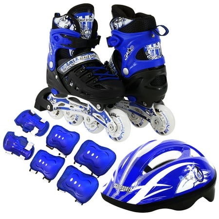 Kids Inline Skates Combo Set 6 PCS Protective Gear Helmet Durable Safe Outdoor Roller Blue Size