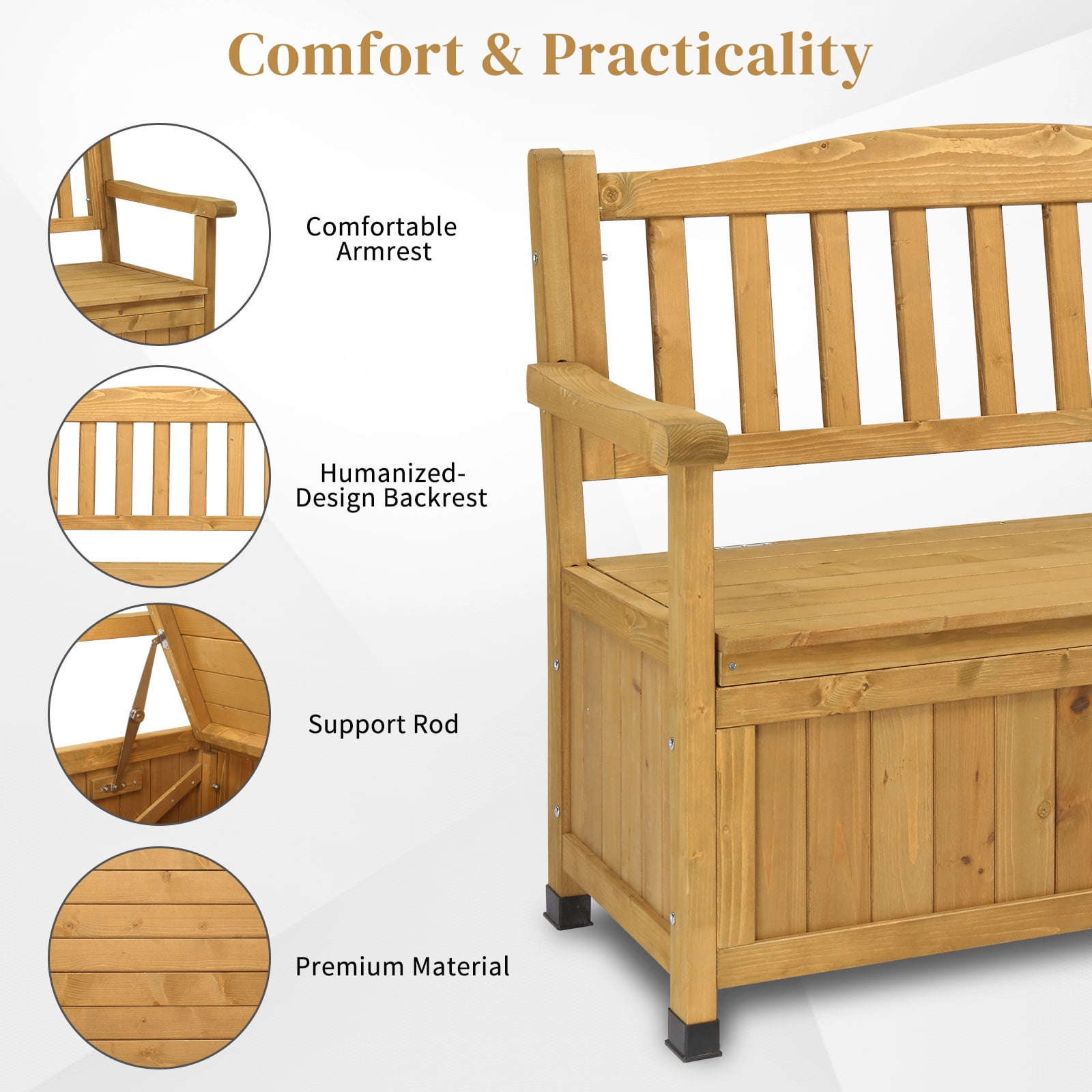 Outdoor Wooden Storage Bench, Large Deck Box with Seating & Armrest, Patio Organizer Loveseat for Garden Porch Deck Backyard Poolside