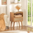 thumbnail image 6 of LELELINKY 2pc Rattan Nightstand with Charging Station, Boho Bedside Table with Drawer and Open Shelf, Solid Wood Legs, Tea Color, 6 of 7