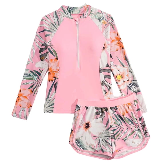 Busydd Swimming Suit for Girls 7-14 Years Fashion Floral Print Sun Protection Wetsuit Long Sleeve Zipper Tops and Shorts Girls Two Piece Swimsuits with Built in Bra 7 Years