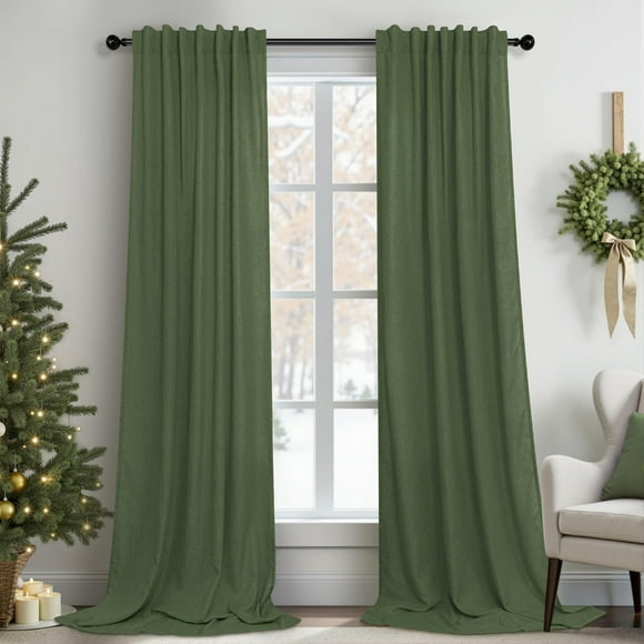 Cortinas Pitalk Christmas de lino verde oliva, 2 paneles, 270 cm